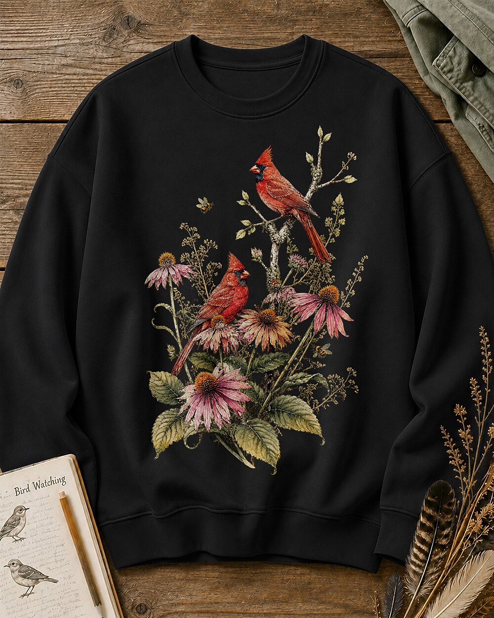 Women's black crewneck sweatshirt with cardinals among pink coneflowers, front view.