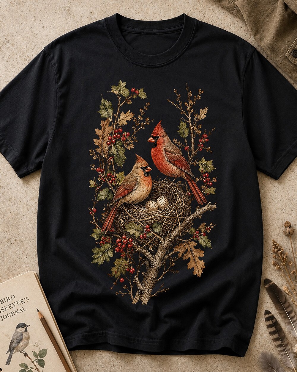Women's black cotton T-shirt with a cardinal pair beside a nest, front view.