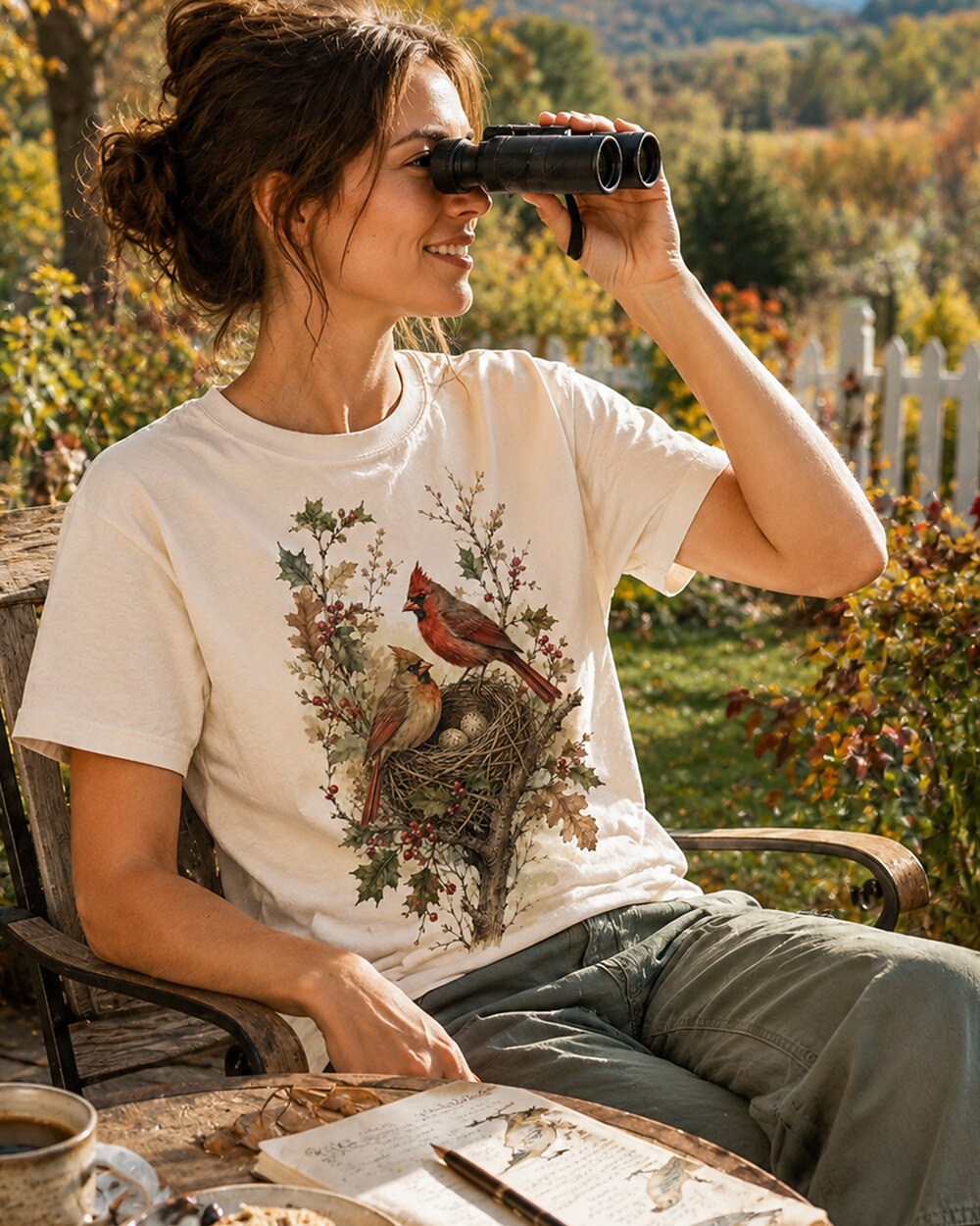 Woman wearing a off white cotton T-shirt with a cardinal pair beside a nest outdoors.