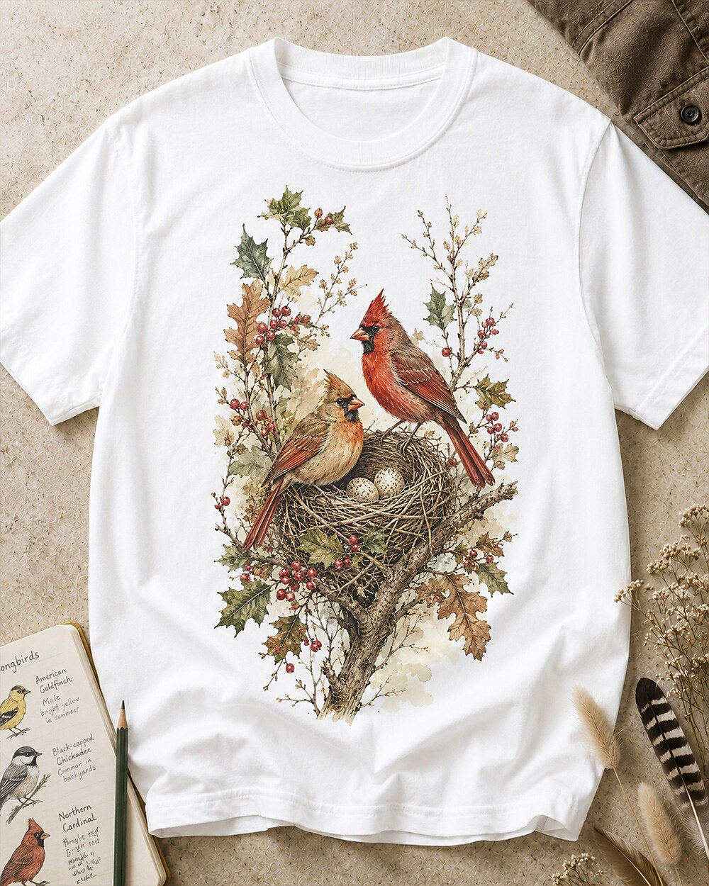 Women's white cotton T-shirt with a cardinal pair beside a nest, front view.