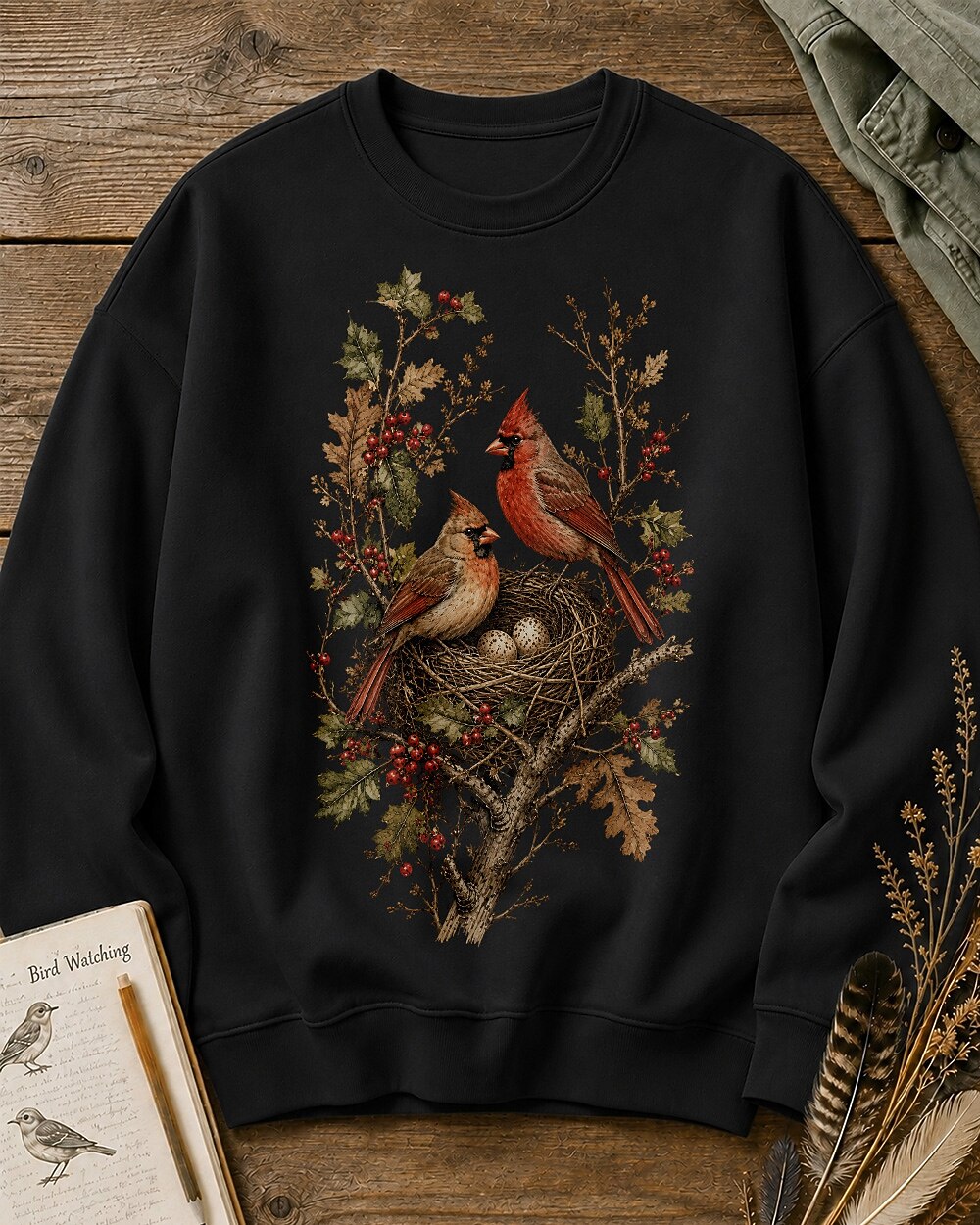 Women's black crewneck sweatshirt with a cardinal pair beside a nest, front view.