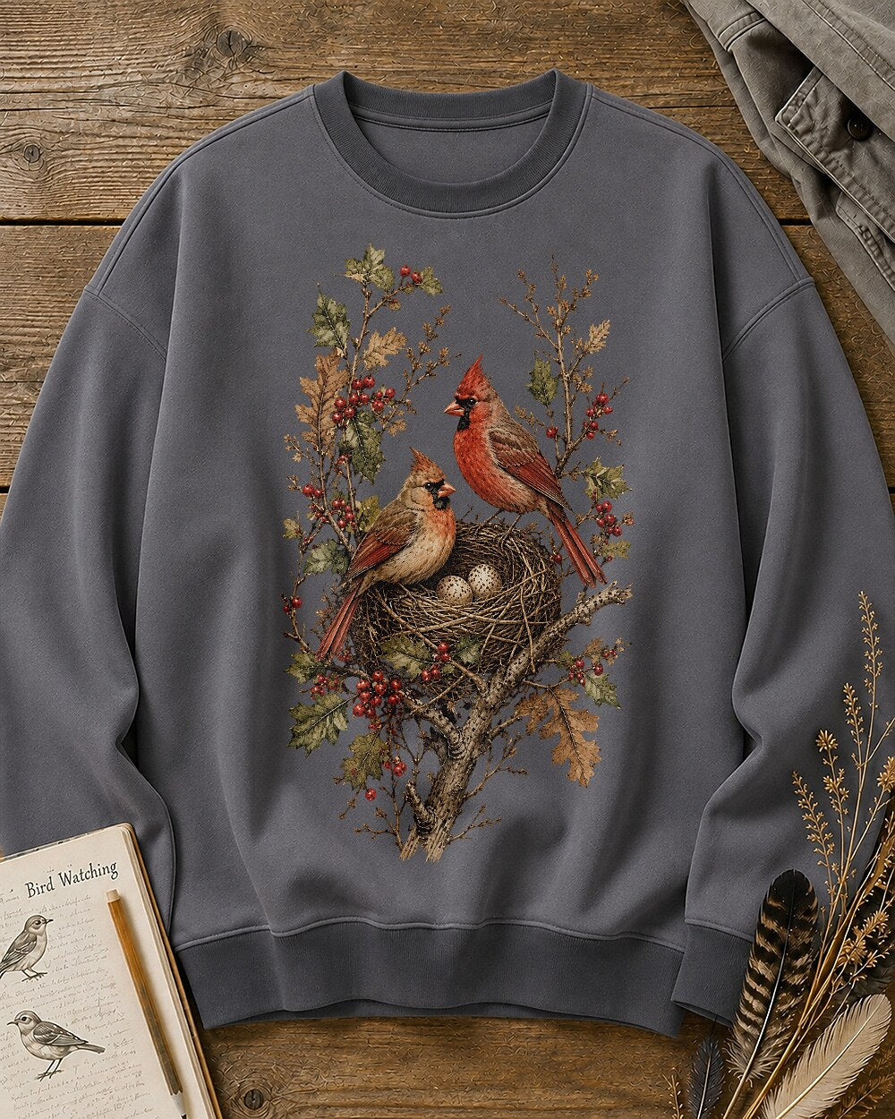Women's gray crewneck sweatshirt with a cardinal pair beside a nest, front view.