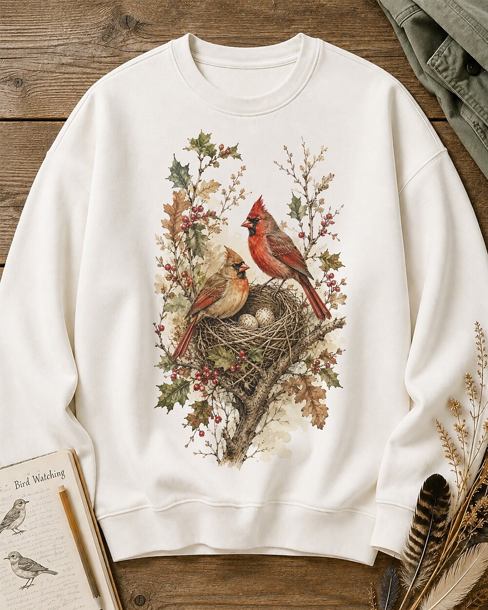 Women's white crewneck sweatshirt with a cardinal pair beside a nest, front view.