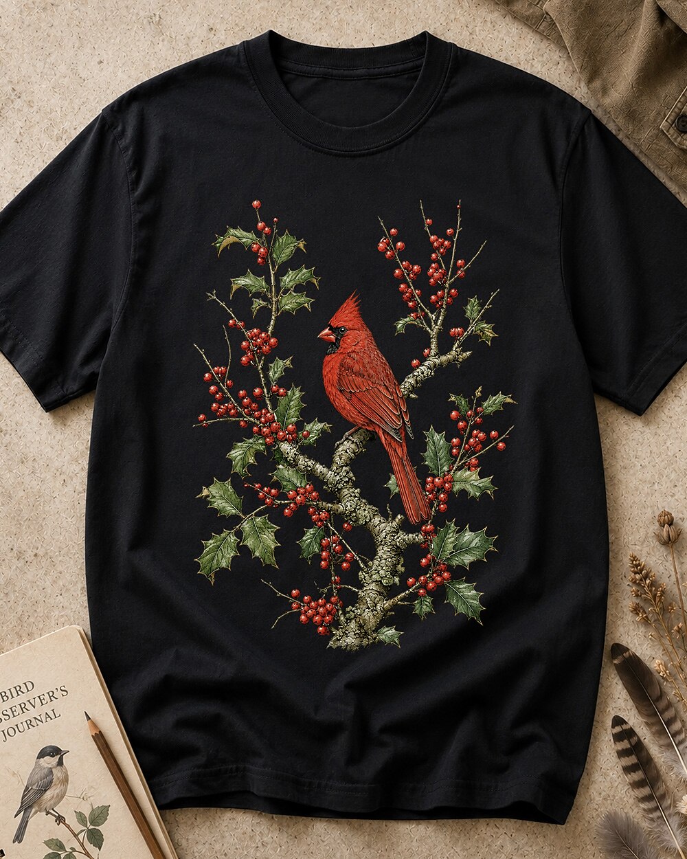 Women's black cotton T-shirt with a cardinal among red berry branches, front view.