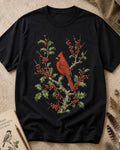 Women's black cotton T-shirt with a cardinal among red berry branches, front view.