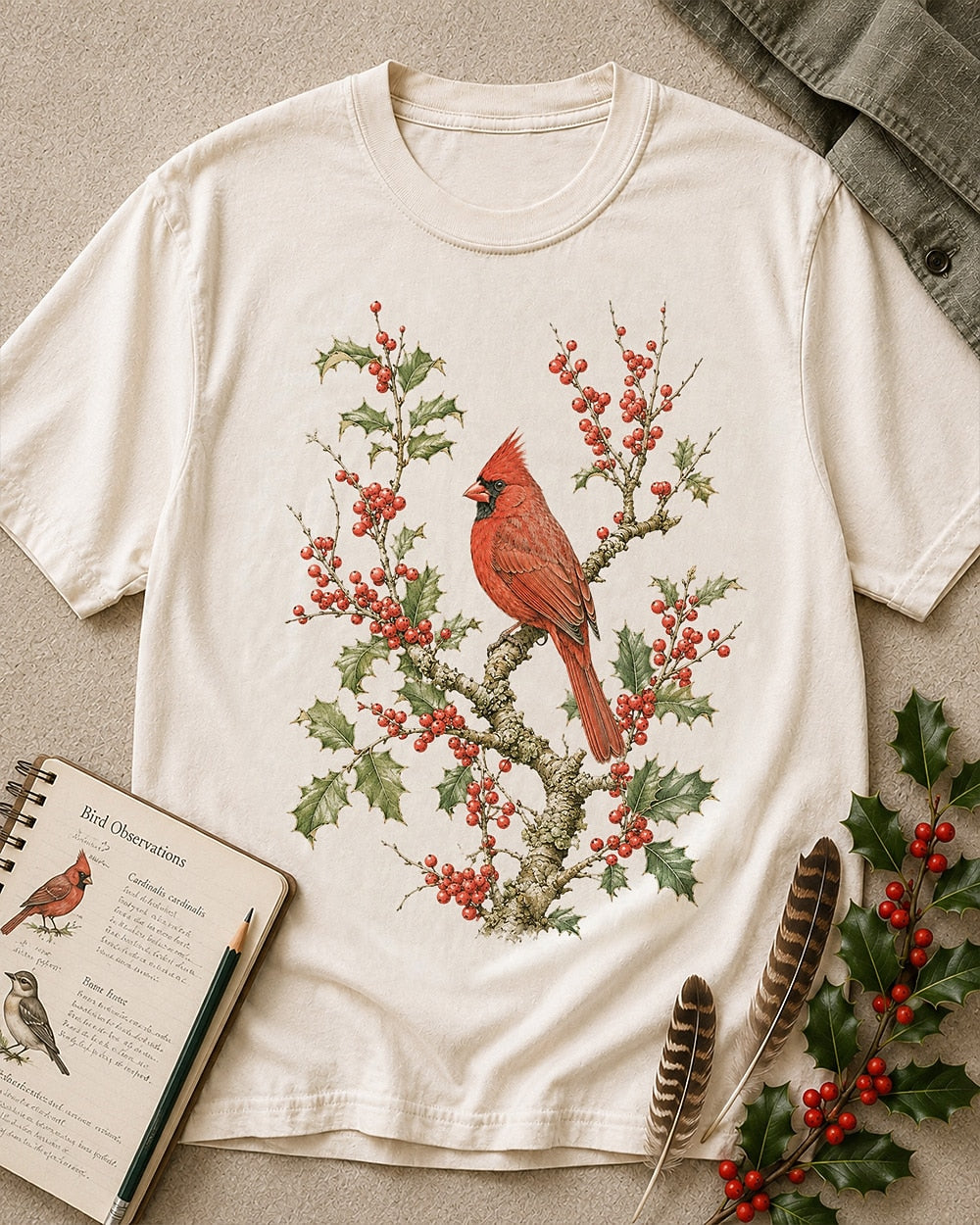 Women's off white cotton T-shirt with a cardinal among red berry branches, front view.
