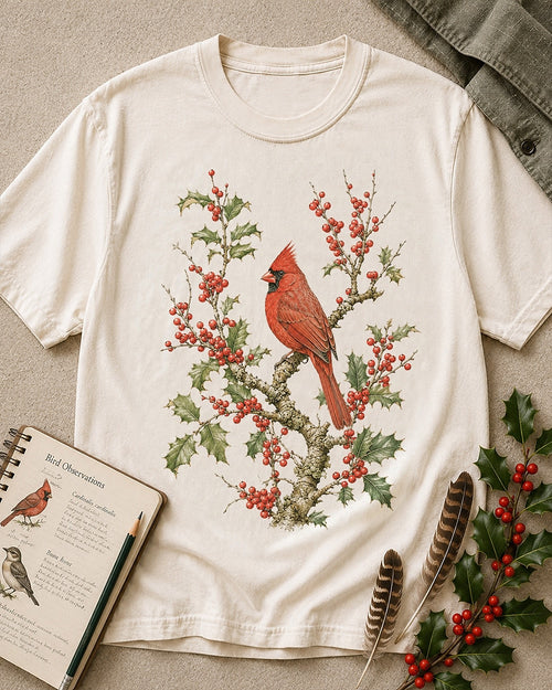 Women's off white cotton T-shirt with a cardinal among red berry branches, front view.