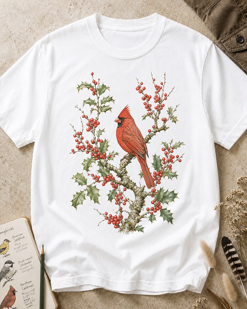 Women's white cotton T-shirt with a cardinal among red berry branches, front view.