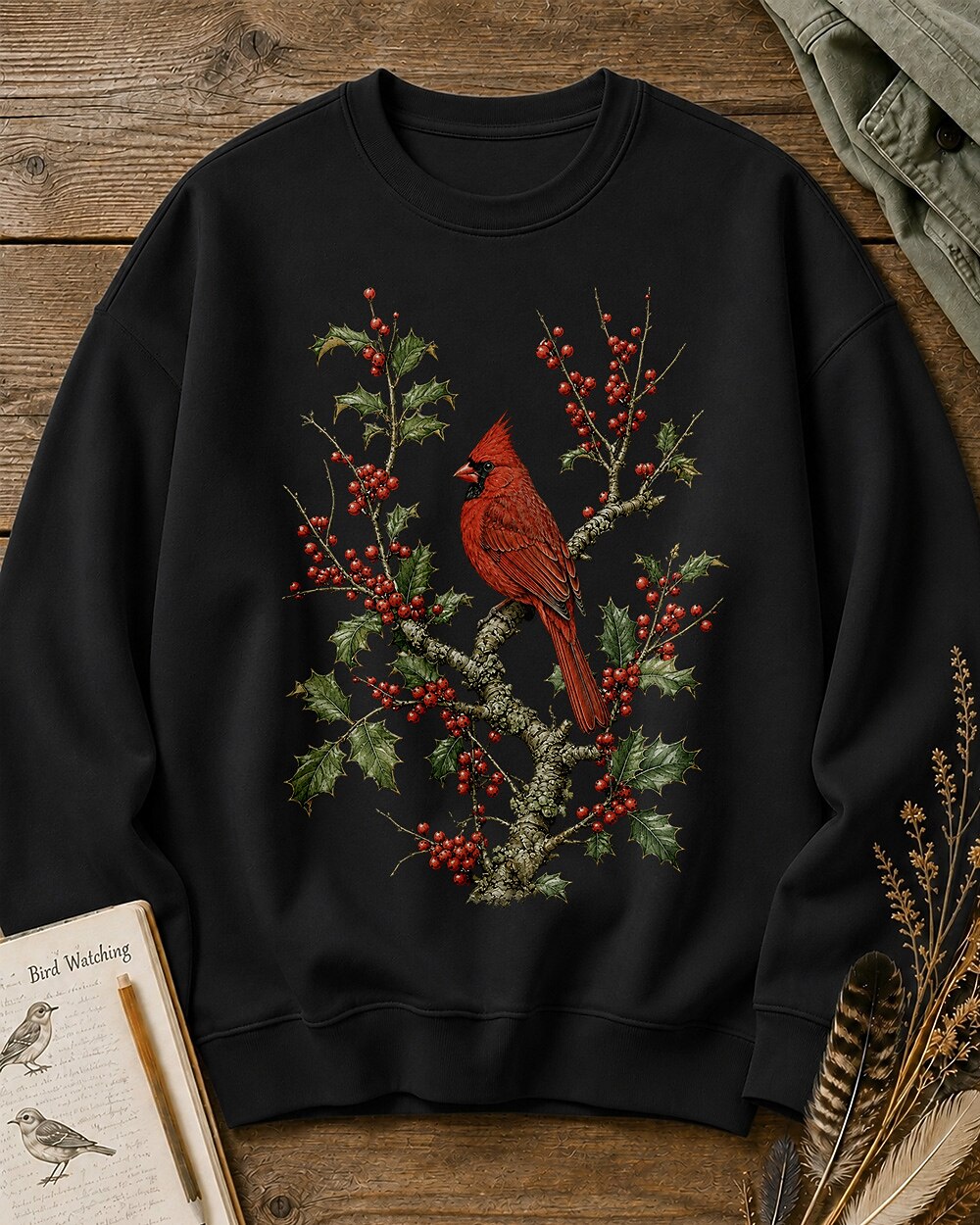 Women's black crewneck sweatshirt with a cardinal among red berry branches, front view.