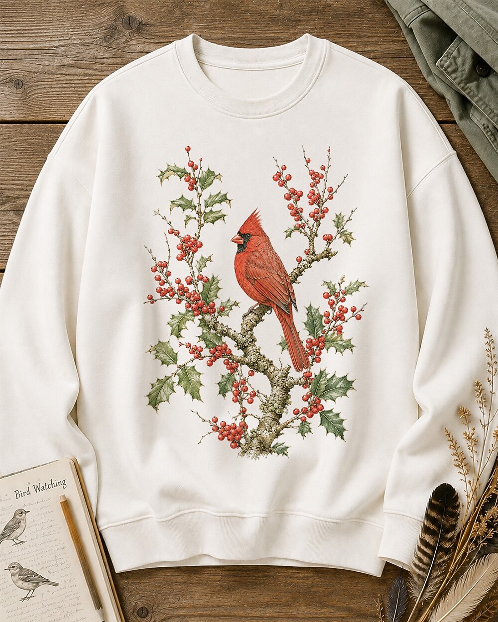 Women's white crewneck sweatshirt with a cardinal among red berry branches, front view.