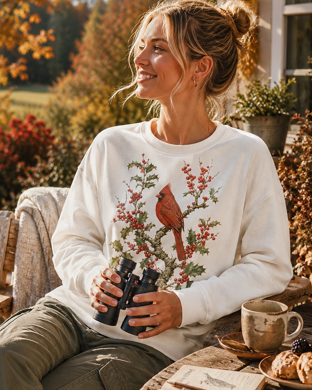 Woman wearing a white crewneck sweatshirt with a cardinal among red berry branches outdoors.