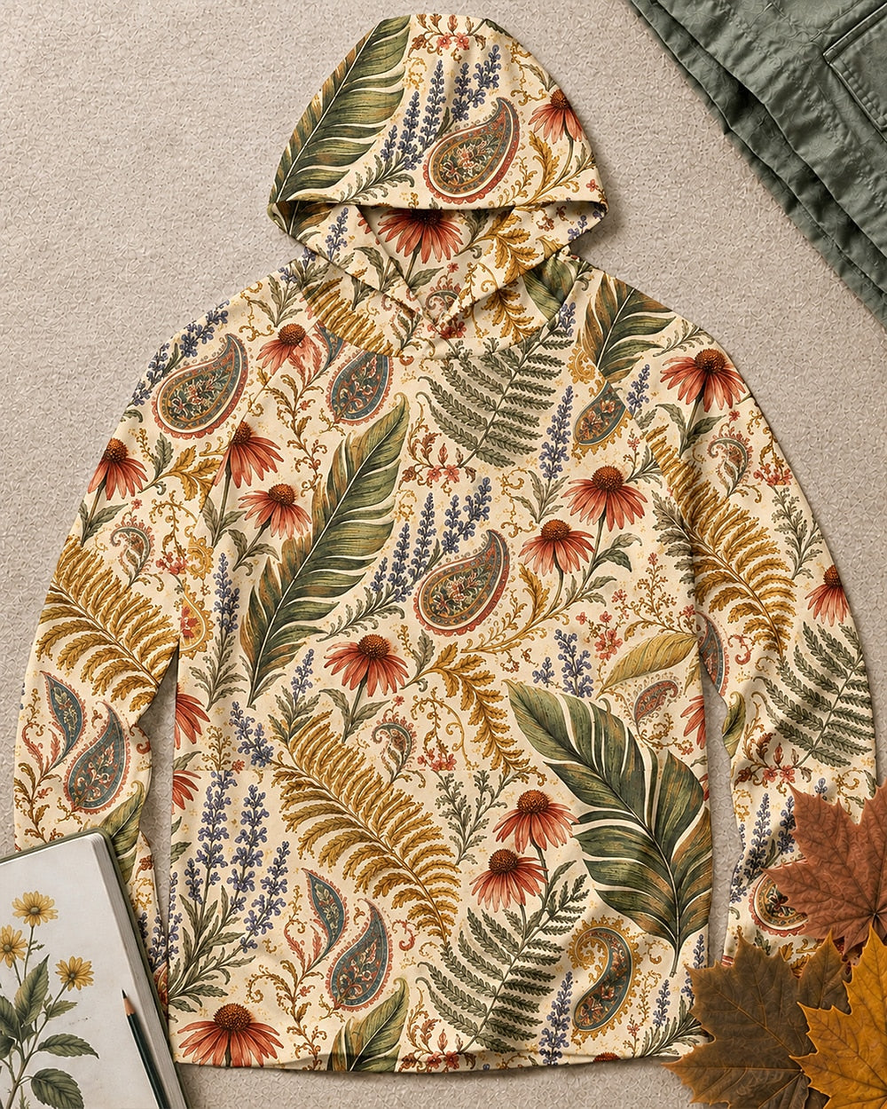 Women's green sun hoodie with an all-over coneflower and paisley pattern, front view.