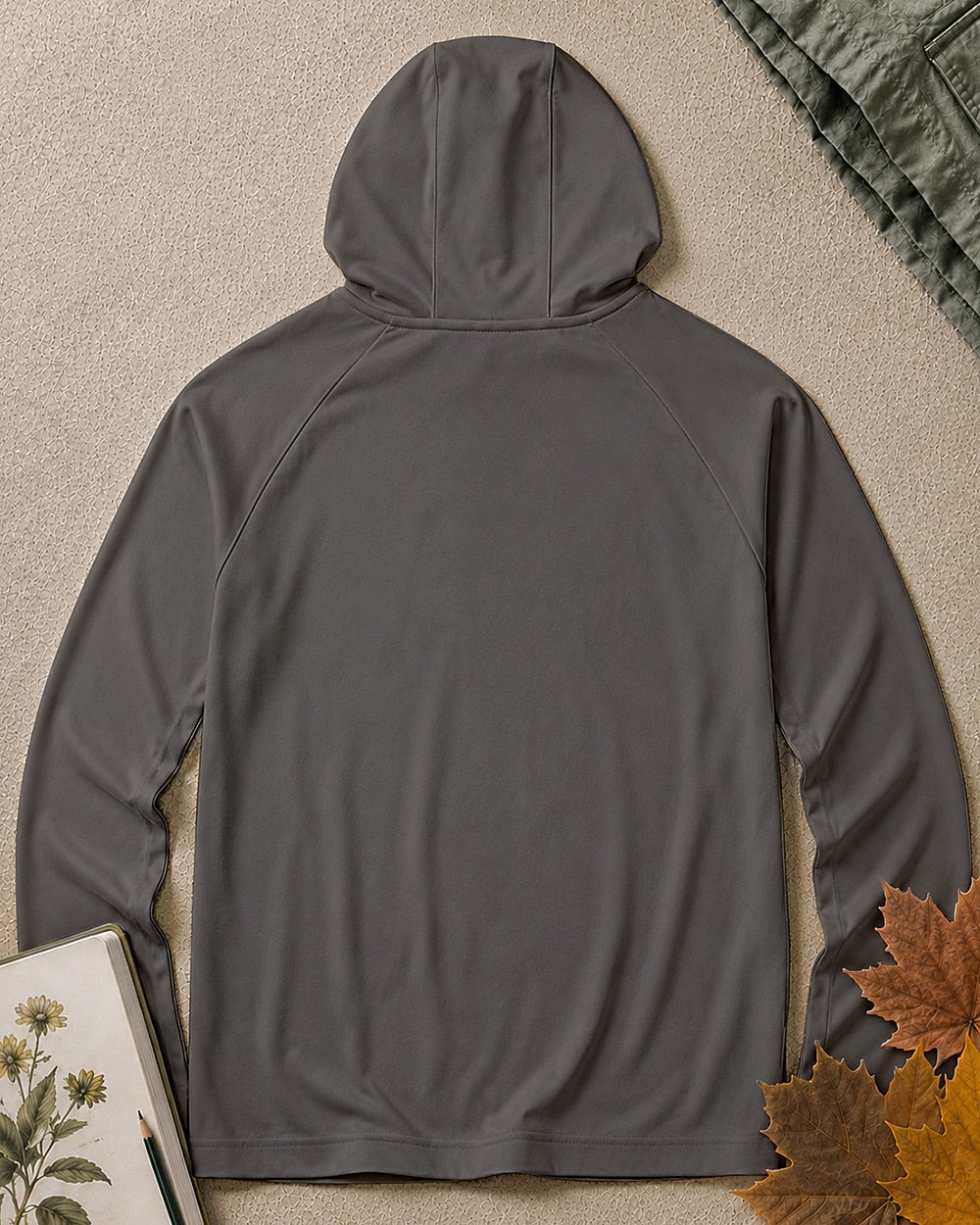 Back view of the women's dark grey sun hoodie, showing the hood and long sleeves.