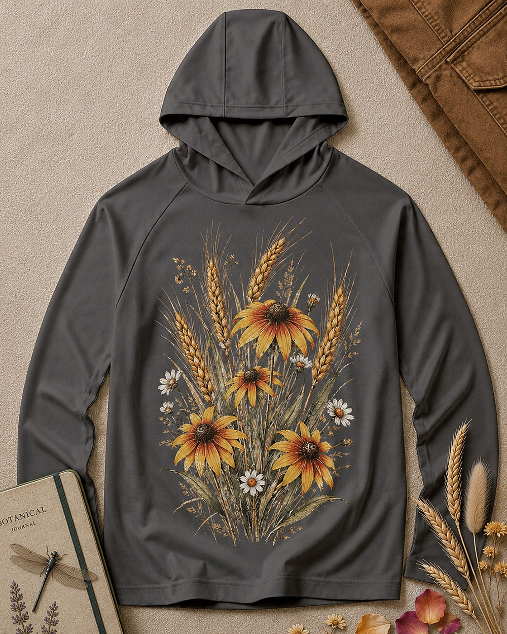 Women's dark grey sun hoodie with a coneflower and wheat bouquet, front view.