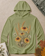 Women's green sun hoodie with a coneflower and wheat bouquet, front view.