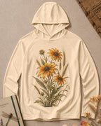 Women's light yellow sun hoodie with yellow coneflowers and wheat, front view.