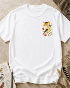 Women's white cotton T-shirt with a small goldfinch and flower chest print, front view.