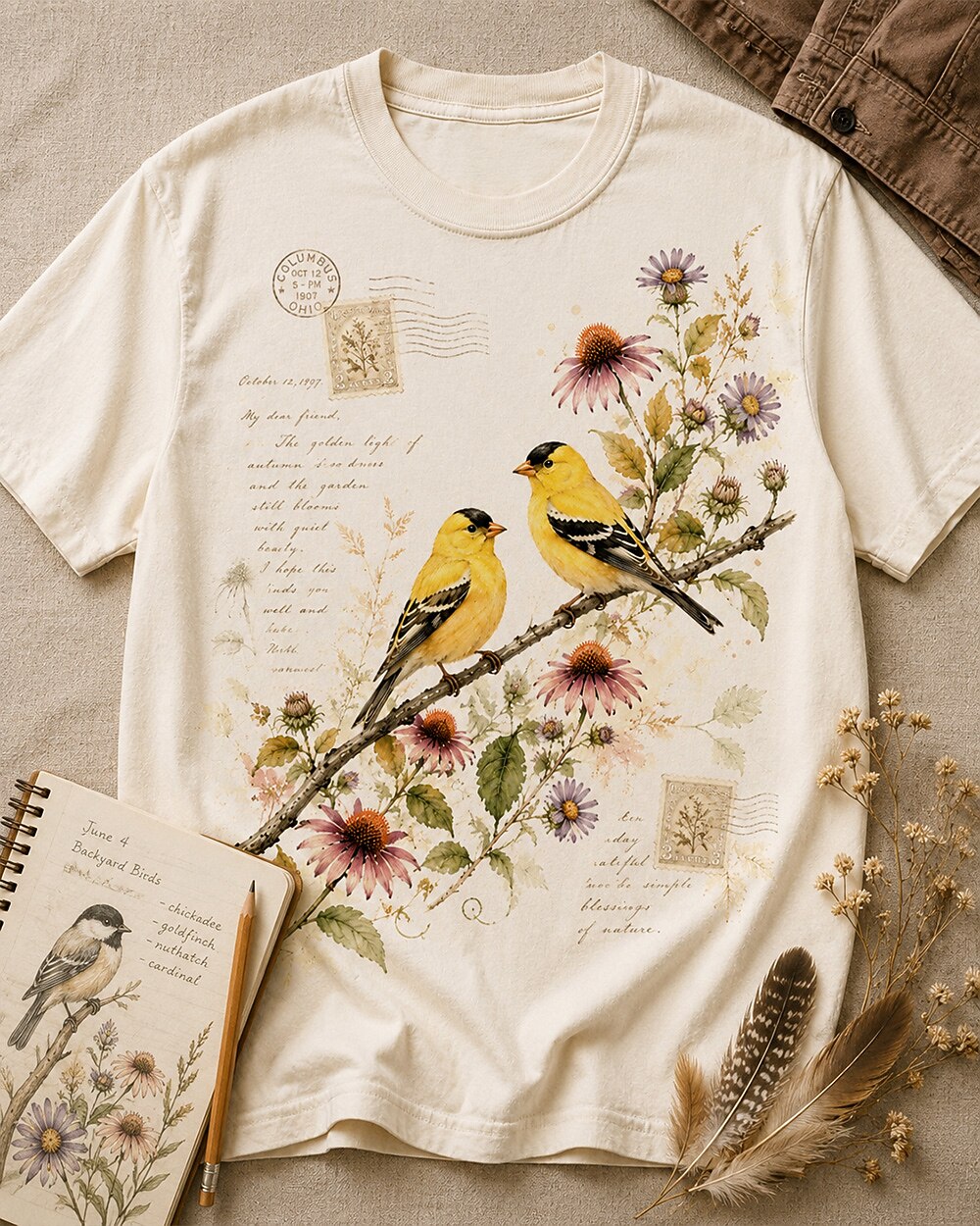 Women's off white cotton T-shirt with two goldfinches among pink coneflowers, front view.