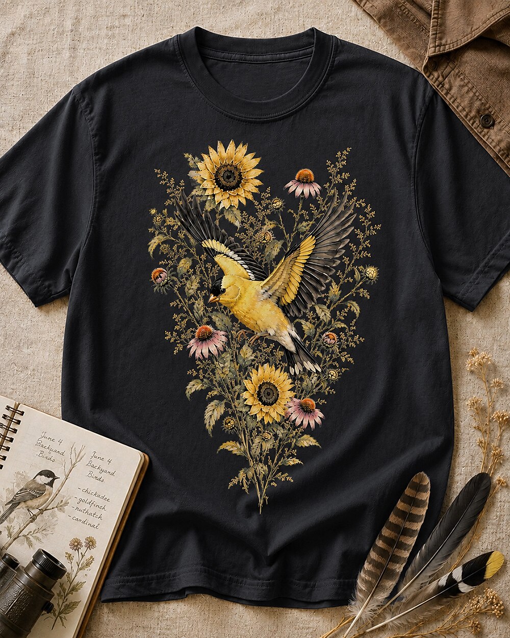 Women's black cotton T-shirt with goldfinches in flight among sunflowers, front view.