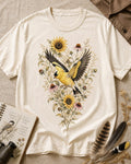 Women's off white cotton T-shirt with goldfinches in flight among sunflowers, front view.