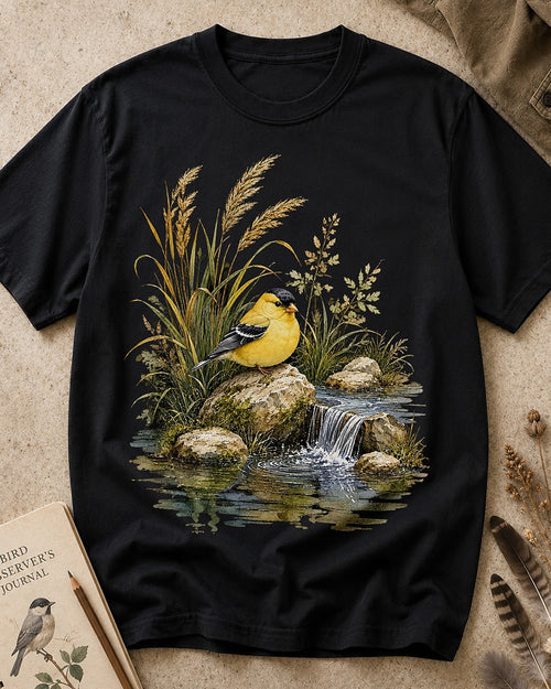 Women's black cotton T-shirt with a goldfinch beside a rocky waterfall, front view.