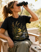 Woman wearing a black cotton T-shirt with a goldfinch beside a rocky waterfall outdoors.
