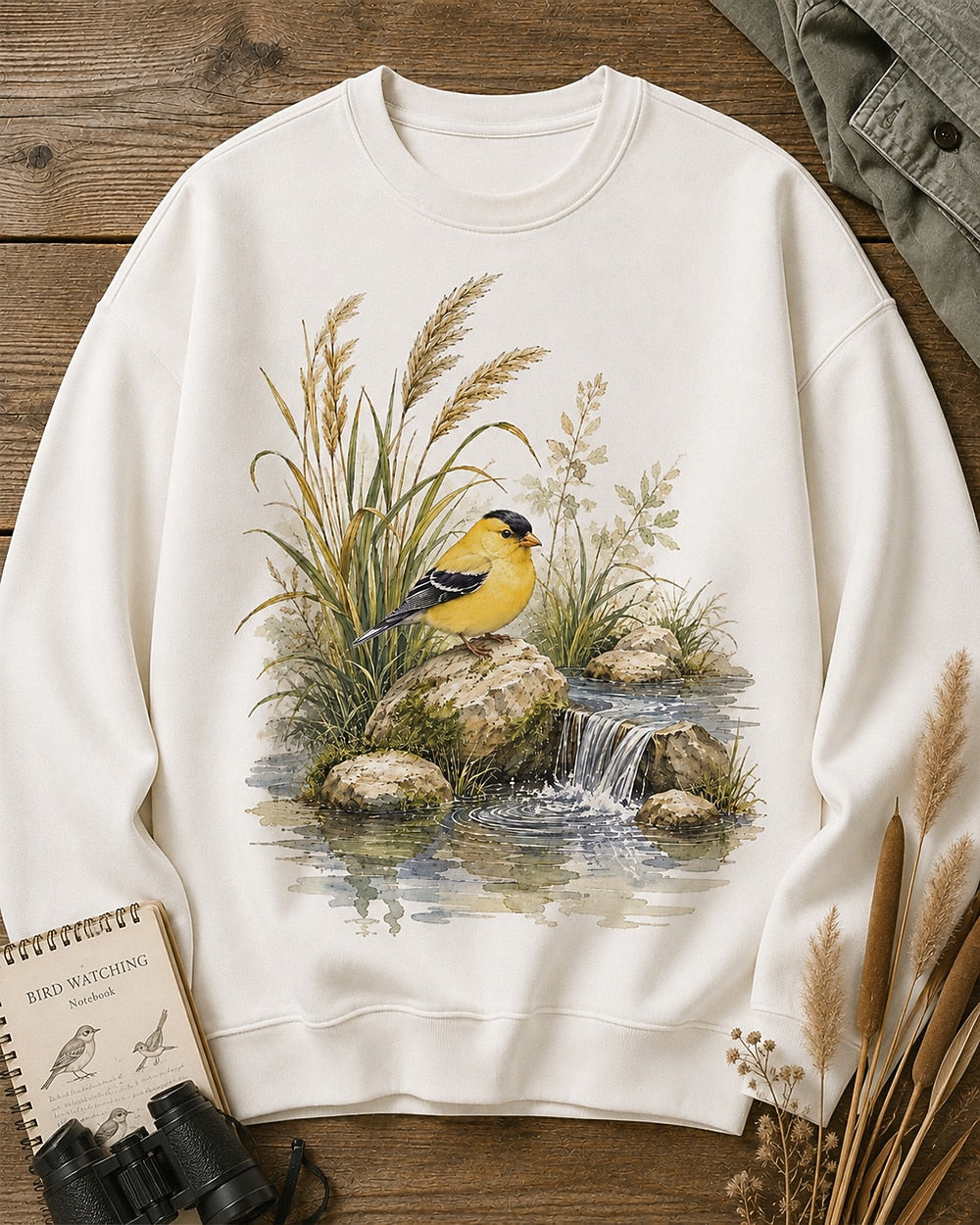 Women's white crewneck sweatshirt with a goldfinch beside a rocky waterfall, front view.