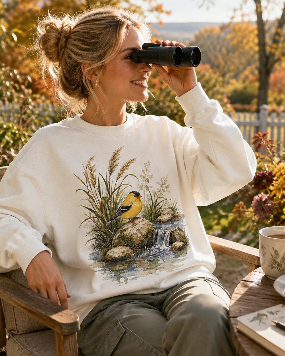 Woman wearing a white crewneck sweatshirt with a goldfinch beside a rocky waterfall outdoors.