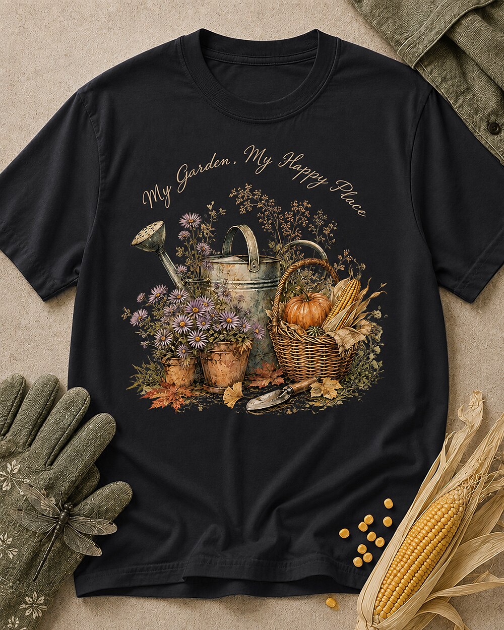 Women's black cotton T-shirt with a watering can, pumpkins and harvest flowers, front view.