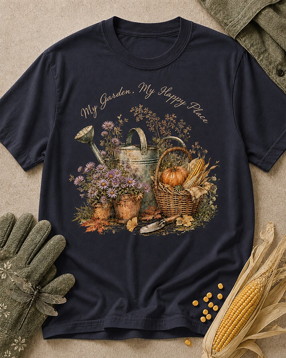 Women's dark navy cotton T-shirt with a watering can, pumpkins and harvest flowers, front view.