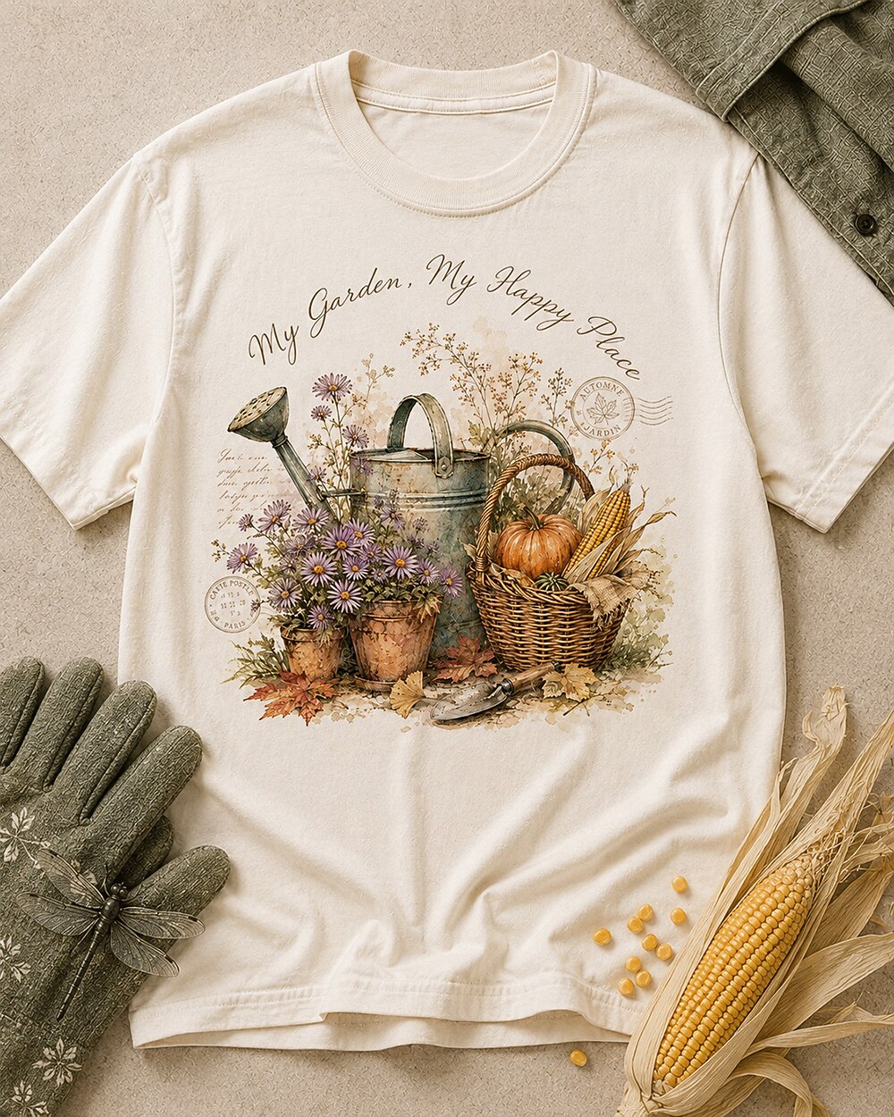 Women's off white cotton T-shirt with a watering can, pumpkins and harvest flowers, front view.