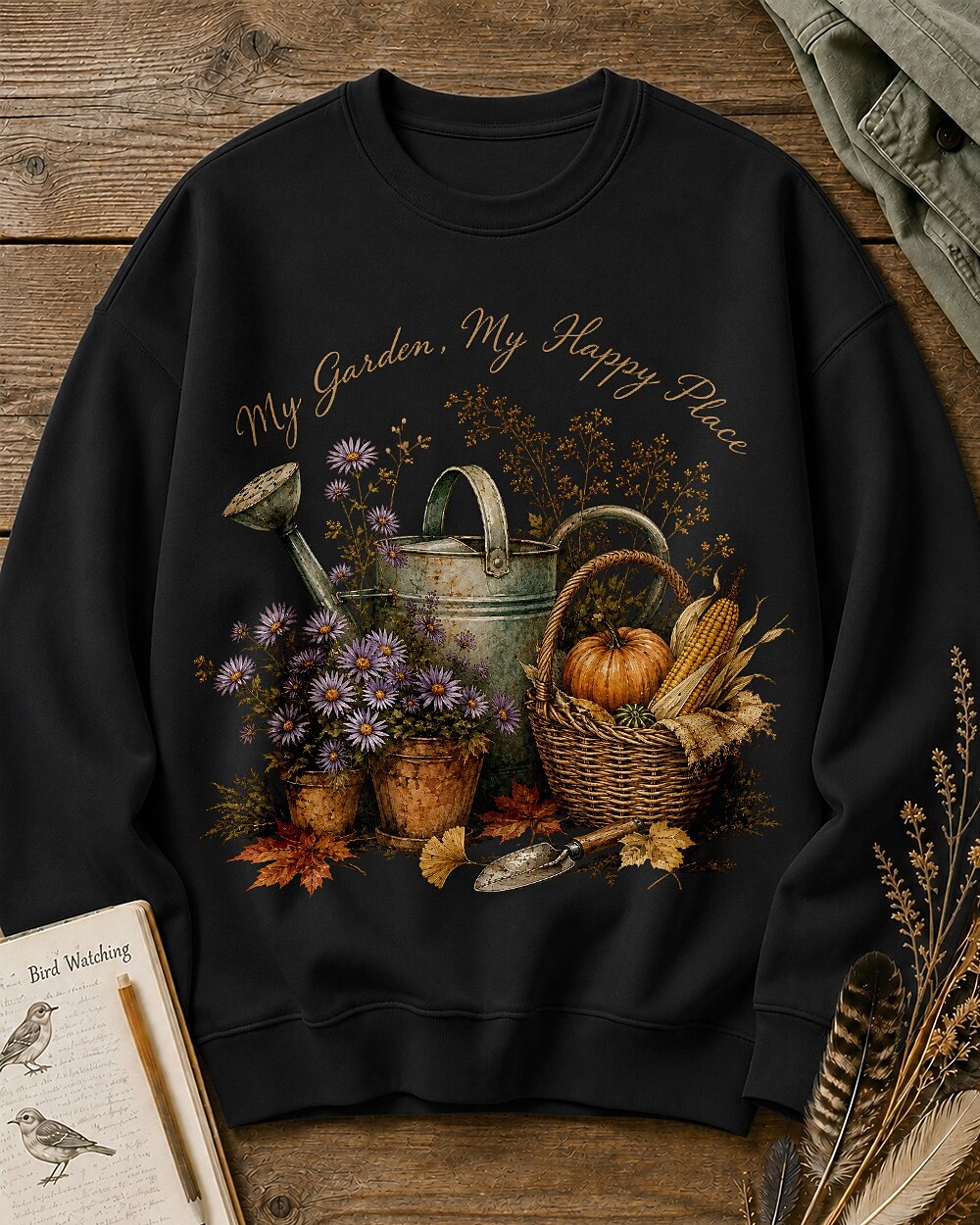 Women's black crewneck sweatshirt with a watering can, pumpkins and harvest flowers, front view.