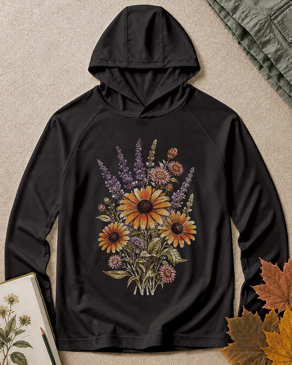 Women's black sun hoodie with lavender and yellow coneflowers, front view.