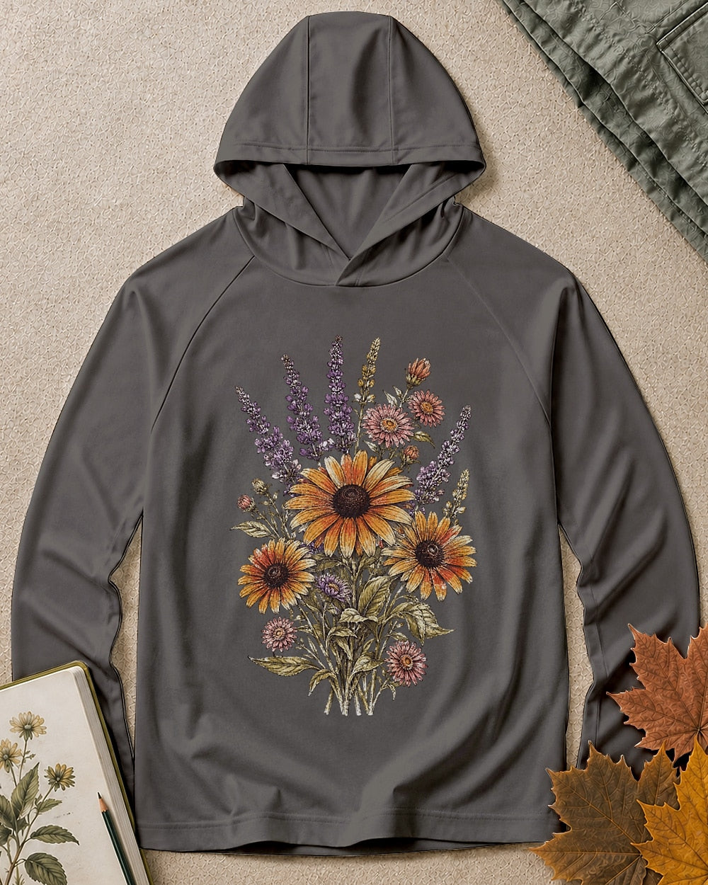 Women's dark grey sun hoodie with lavender and yellow coneflowers, front view.