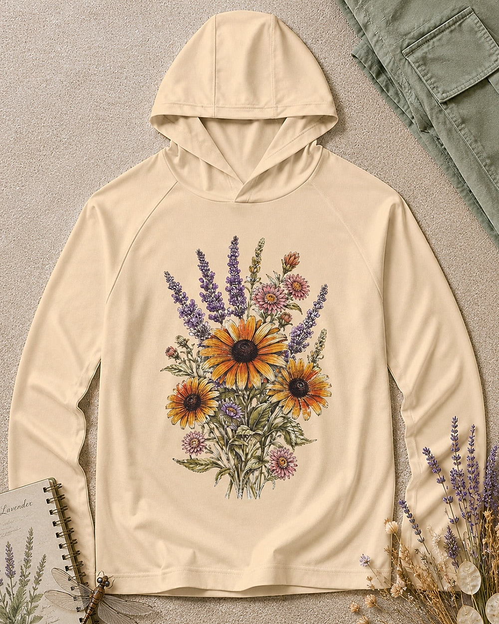 Women's light yellow sun hoodie with lavender and yellow coneflowers, front view.