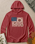 Women's burgundy sun hoodie with red sunflowers and an American flag, front view.