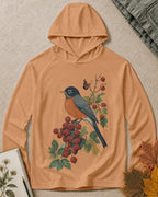 Women's orange sun hoodie with a robin perched on a red berry branch, front view.