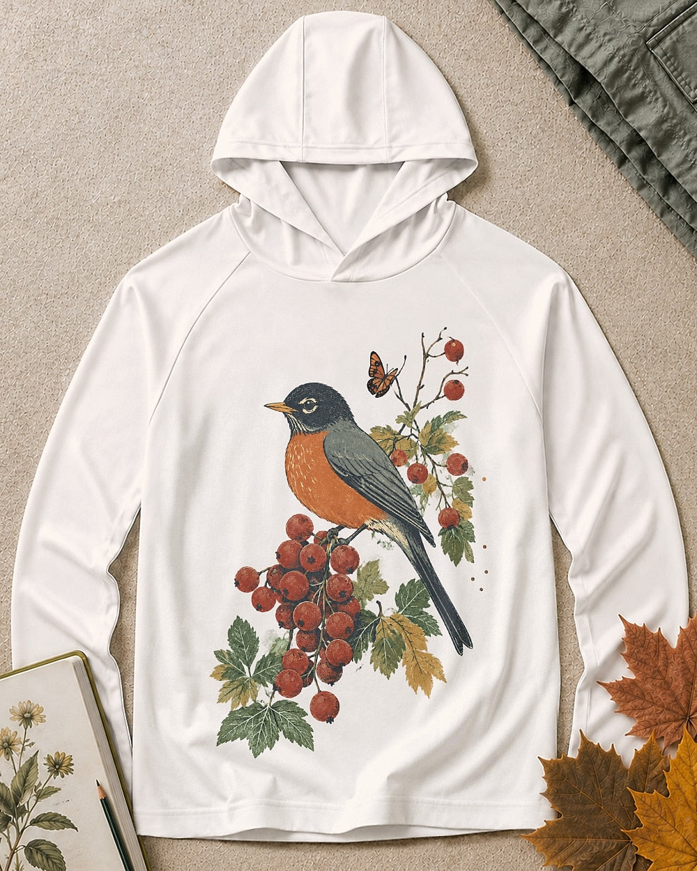Women's white sun hoodie with a robin perched on a red berry branch, front view.