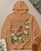 Women's orange sun hoodie with a robin, blossoms and musical notes, front view.