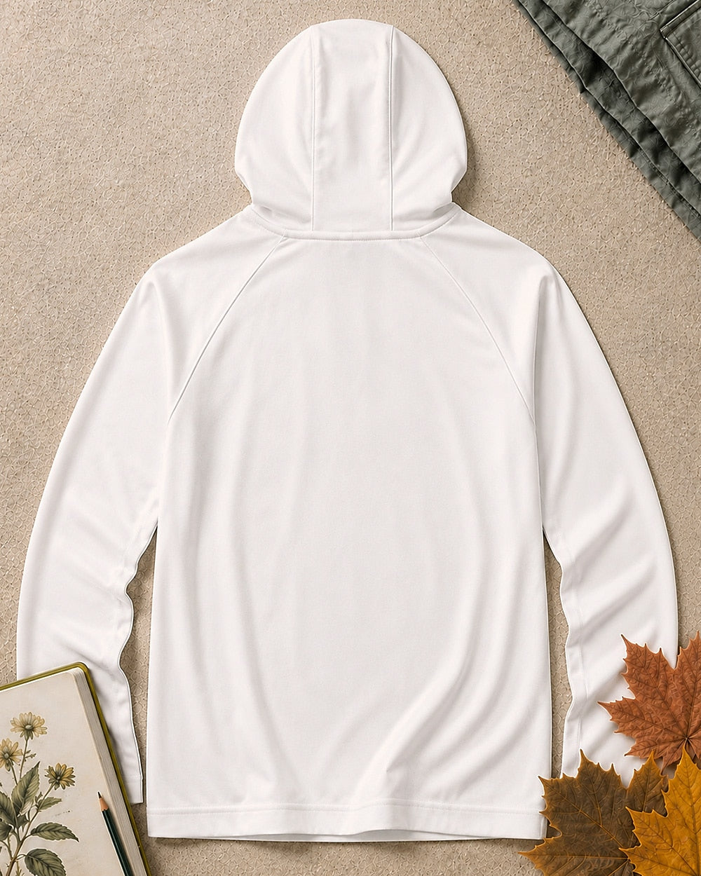 Back view of the women's white sun hoodie, showing the hood and long sleeves.