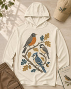 Women's white sun hoodie with a robin and blue jay among oak leaves, front view.