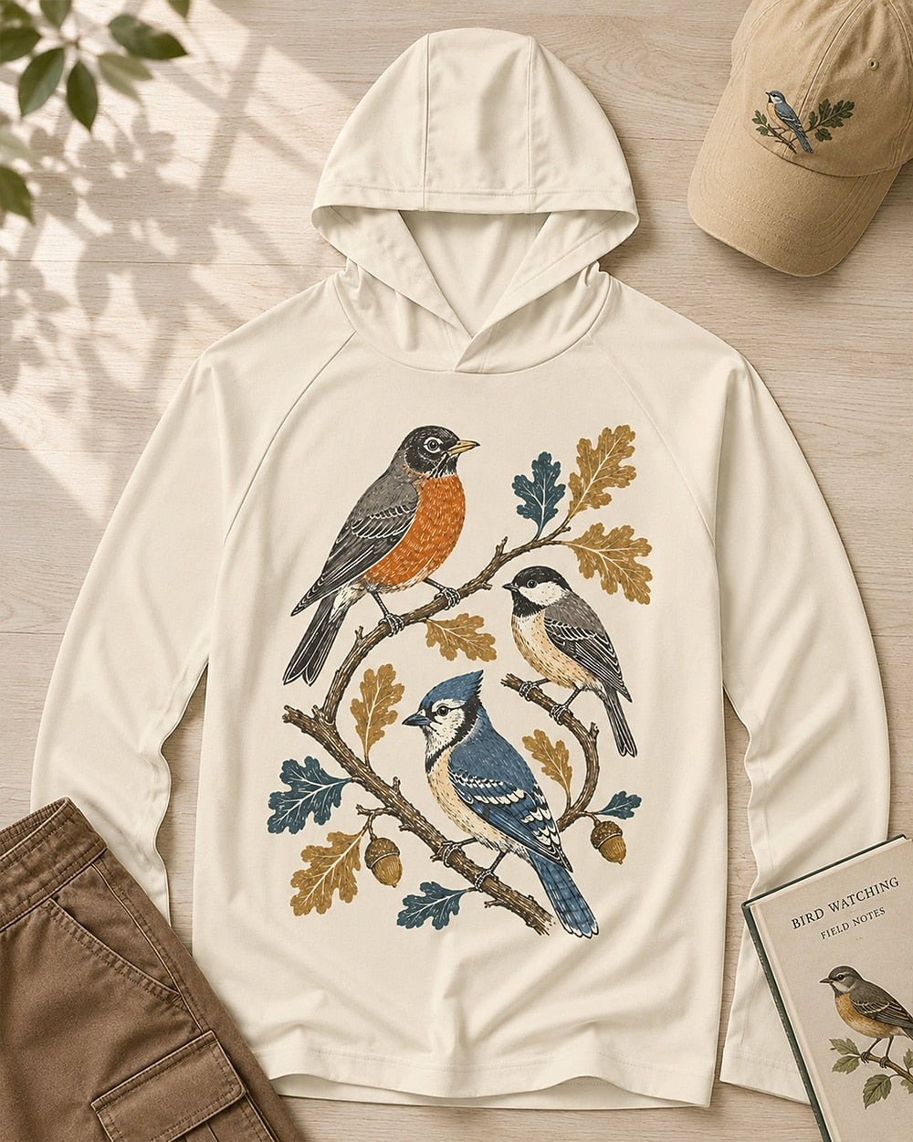 Women's white sun hoodie with a robin and blue jay among oak leaves, front view.