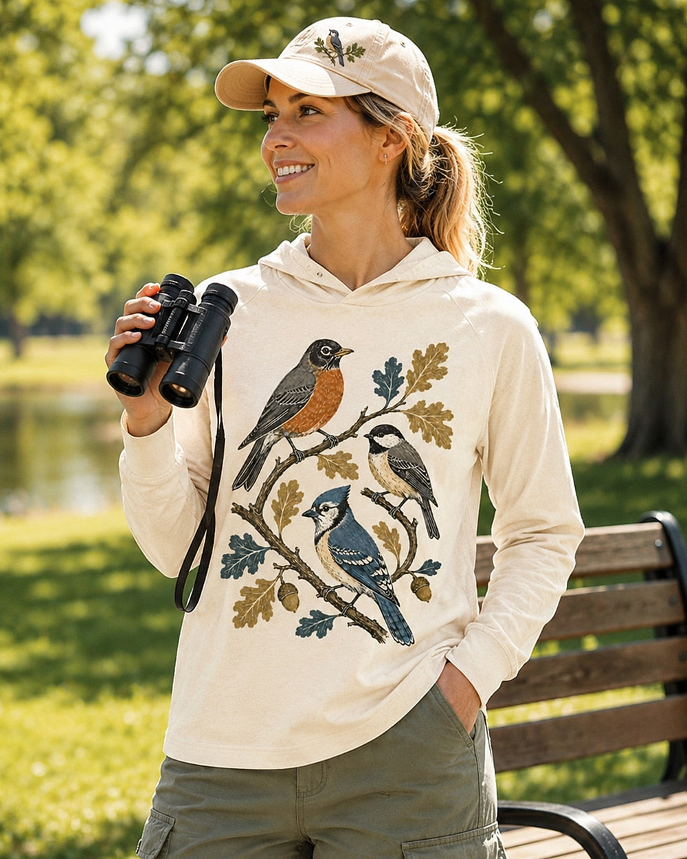 Woman wearing a white sun hoodie with a robin and blue jay among oak leaves outdoors.