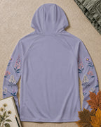 Back view of the women's violet sun hoodie, showing the hood and long sleeves.