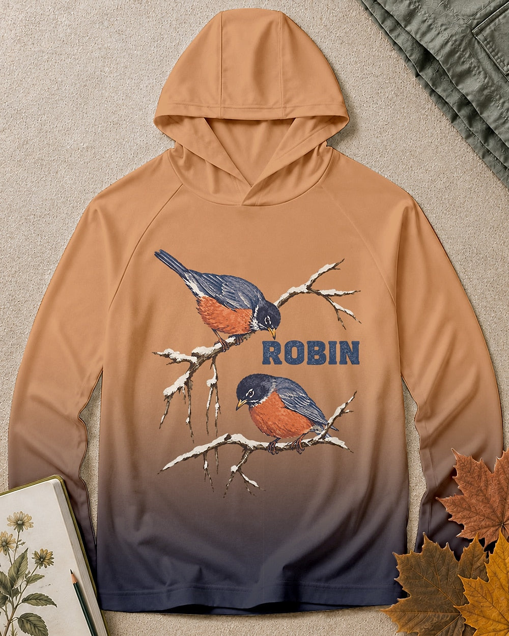 Women's brown navy ombre sun hoodie with two robins on bare branches, front view.