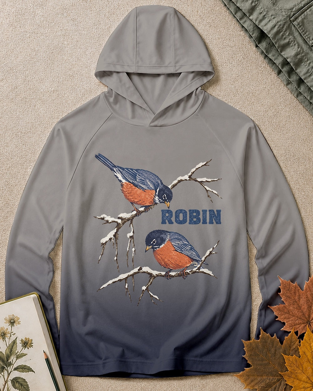 Women's gray navy ombre sun hoodie with two robins on bare branches, front view.