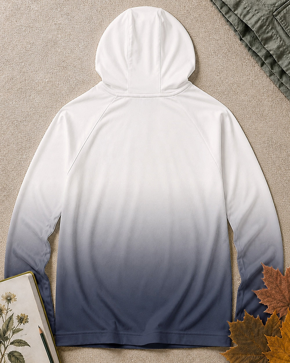Back view of the women's white navy ombre sun hoodie, showing the hood and long sleeves.