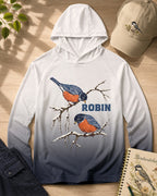 Women's white navy ombre sun hoodie with two robins on bare branches, front view.