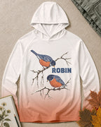 Women's white orange ombre sun hoodie with two robins on bare branches, front view.