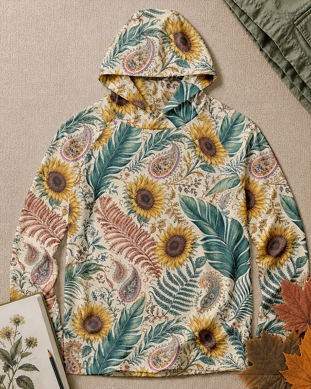 Women's green sun hoodie with an all-over sunflower and paisley pattern, front view.